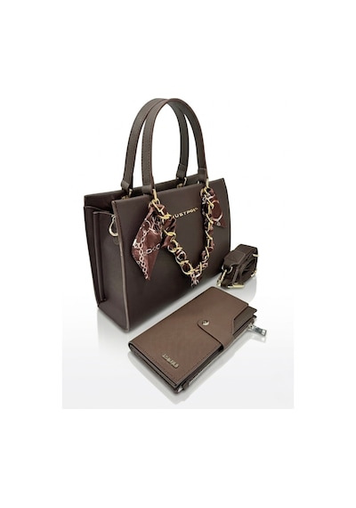 Just Polo Kadın Gold Zincirli Şal Detaylı Şık El & Omuz Çantası Ve Cüzdanı Kombin Shopper Ebat: 20 X 25 Cm Kahverengi