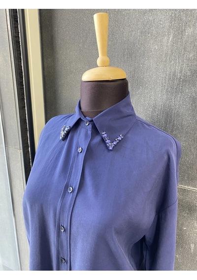 Pera Moda Yakası Taşlı Modal Kumaş Oversize Kadın Gömleği İndigo