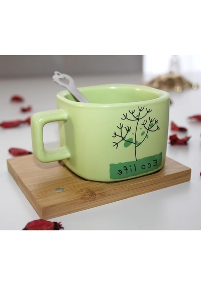 Hayat Ağacı Desenli Mıknatıslı Bambu Stantlı Gerçek Seramik Kahve Kupası Fincan Seti Kupa Mug 200 Ml 001
