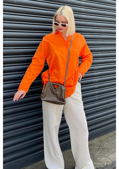 Madmext Turuncu Oversize Basic Cepli Poplin Gömlek Mg1530 Turuncu