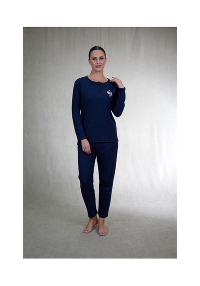 Estiva Kadın Nakış İşlemeli Patlı İnterlok Şardonlu Pijama Takımı Lacivert