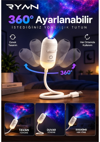 Usb Galaksi Projektör Led Gece Lambası 360 Ayarlanabilir 12 Filmli 2 Si 1 Arada Ambiyans Işık Beyaz