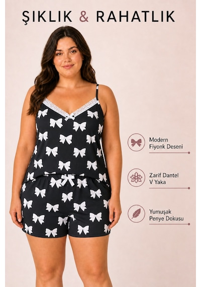 Bravie Kadın Büyük Beden İp Askılı Yakası Dantelli Kurdele Desenli Siyah Yazlık Pijama Takımı