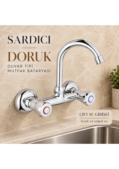Sardıcı Doruk Krom Duvar Tipi Dik Borulu Mutfak Evye Bataryası Çift Su Girişli Dirsek Rozet Takımı Dahil