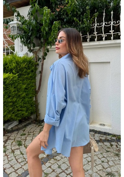 Rouge Basıc Oversize Keten Dokulu %100 Pamuk Salaş Gömlek Mavi