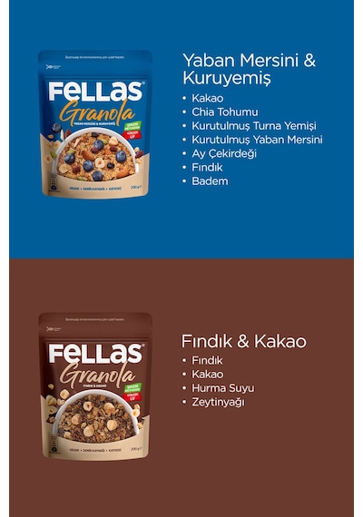 Fellas Granola 2'li Paket - Yaban Mersini & Kuruyemişli 200 G Fındık & Kakaolu 200 G