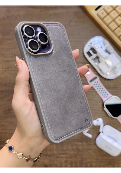 Apple iPhone 15 Pro Max Uyumlu Premium Deri Dokulu Darbelere Karşı Dayanıklı Nazal Silikon Kılıf Gri