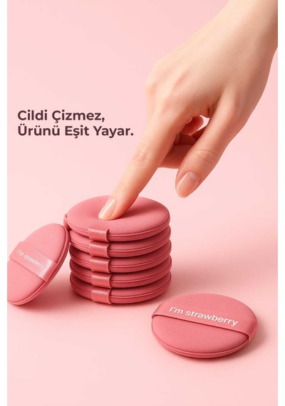 7 Li Yuvarlak Pudra Pufu Makyaj Süngeri Seti Islak/kuru Parmak Bantlı Kutulu Strawberry Pembe