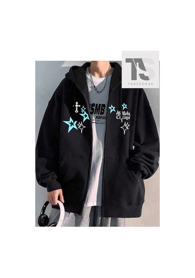 Tarzsokak Chicago Star Sembol Sweatshirt Fermuarlı Hırka Siyah