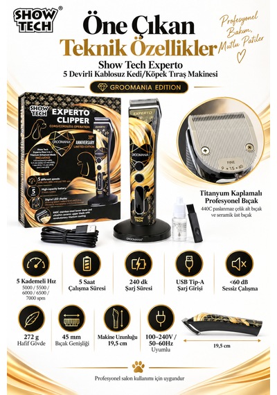 Showtech Experto 5 Devirli Şarjlı Kedi Köpek Tıraş Makinesi - Sessiz Ve Güçlü