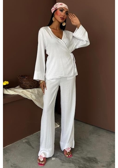 Moderie Butik Kruvaze Model Klasik Pantolonlu Çupra Keten Takım 10191 Beyaz