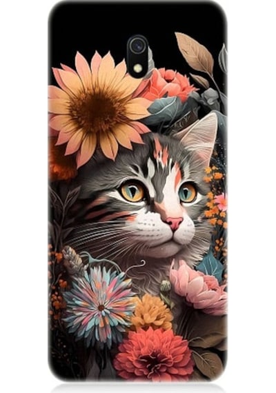 Xiaomi Redmi 8a Uyumlu Çiçekler Ve Kül Gri Kedi Desenli Silikon Kılıf