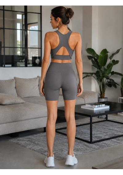 Cocosushicooo Kadın Spor Takım Yüksek Bel Biker Tayt Şort Ve Destekli Spor Büstiyer Takım Fitness Pilates Yoga Vizon Rengi