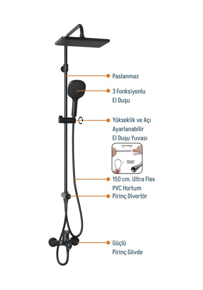 Adell Mode S Rain Duş Sistemi + Lento Banyo Bataryası 2 Parça Set Mat Siyah Siyah