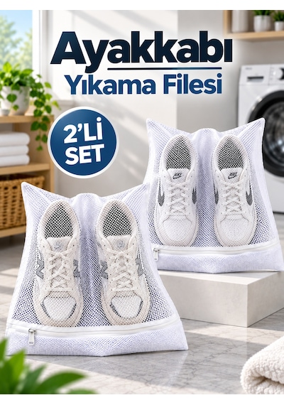 Ayakkabı Yıkama Filesi 38x38 Cm Fermuarlı Maxi Boy Ayakkabı Koruma Torbası Çamaşır Makinesi Filesi Beyaz