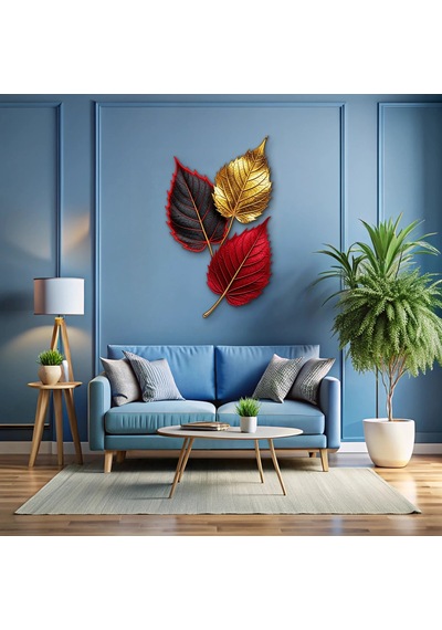 Altın Ve Kırmızı Üç Yaprak - Metal Tablo - Dec0265 48 X 80 Cm Çok Renkli