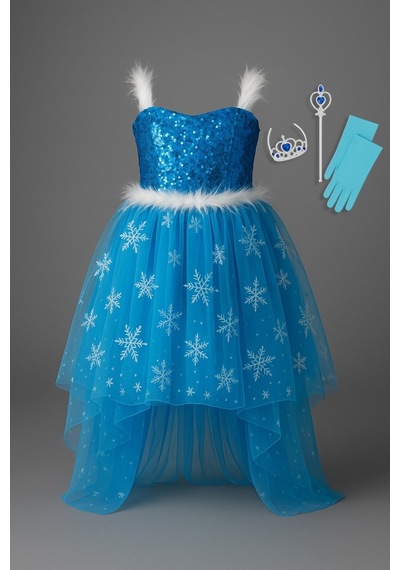 Parti Selesi Karlar Ülkesi Frozen Elsa Kostüm Mavi Ön Kısa Arka Uzun Elbise Kız Çocuk Kıyafet Açık Mavi