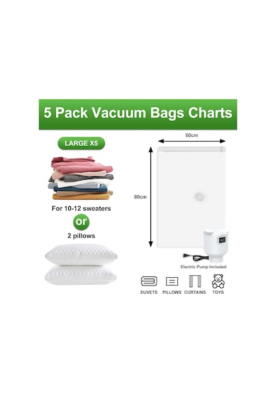 Elektrikli Hava Pompalı Vakumlu Saklama Torbaları, 5'li Paket Büyük 32 X 24 İnç Vakumlu Mühür Torbaları, Battani