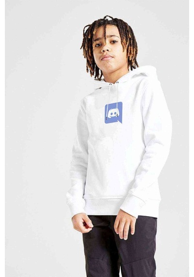 Tshirthane Discord Logo Baskılı Unisex Çocuk Kapüşonlu Beyaz Sweatshirt Beyaz