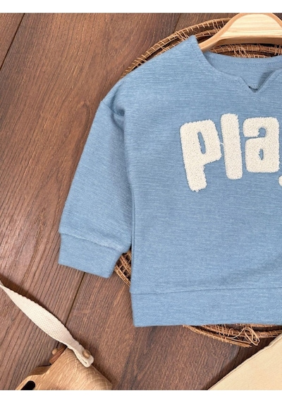 Bebicix Bereli Likralı Play Nakışlı Kanvars Pantolon 3lü Erkek Bebek Mavi