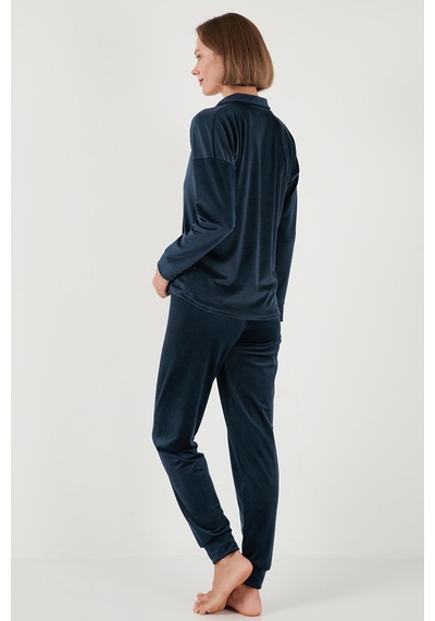 Lela  Regular Fit Parlak Kadife Ribanalı Bayan Pijama Takımı 6097110 Lacivert