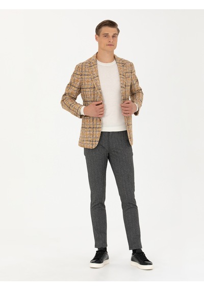 Cacharel Sarı Slim Fit Ekose Yün Karışımlı Spor Ceket Sari