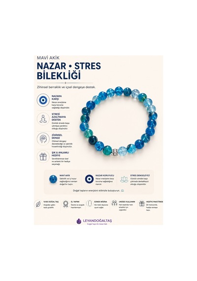 Mavi Akik Doğal Taş Bileklik 8 Mm Esnek Misinalı Unisex Mavi Mavi