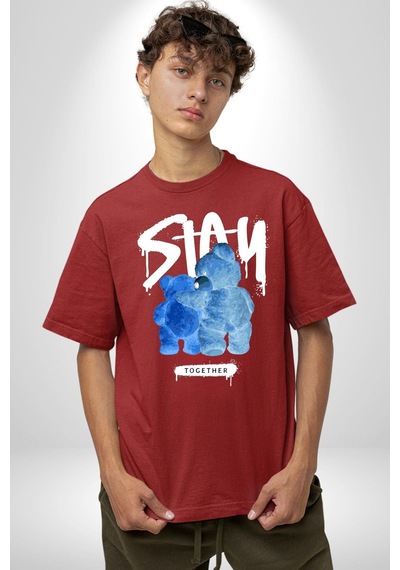 Birlikte Kal Pamuklu Bisiklet Yaka Unisex Oversize Boyfriend Dijital Baskılı Kırmızı T-shirt Kırmızı