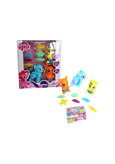 Sevimli Pony At Ailesi Ve Aksesuar Seti - Tokalı Stickerlı 3'lü Figür Oyuncak Hayvanlar