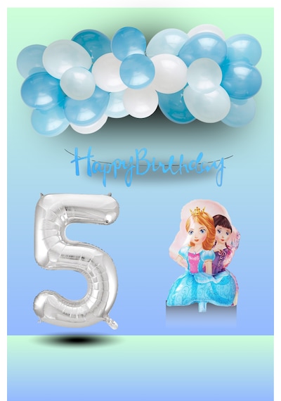 5 Yaş Frozen Tema İkili Prenses Folyo Balon Mavi Beyaz Balon Gümüş Rakam Mavi Banner Doğum Günü Seti Çok Renkli