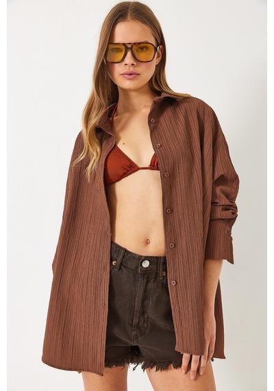 Shade Kadın Düşük Omuz Oversize Basic Bürümcük Gömlek 60392 60271069 - Kahverengi