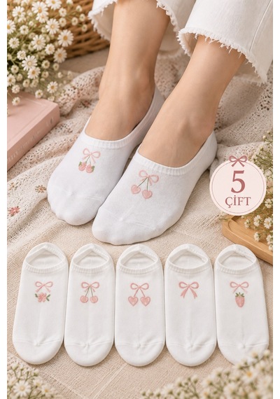 Hitit Socks Kadın 5 Çift Kurdele Ve Çiçek Desenli Babet Çorap Bilek Çorabı beyaz