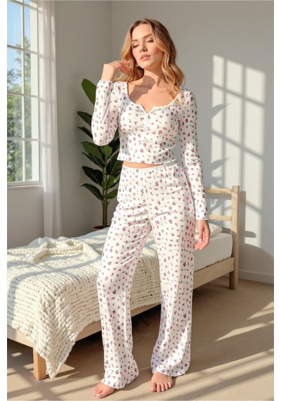 Bella Notte Çiçek Baskılı Uzun Kollu Pamuk - Viskon Pijama Takımı Beyaz