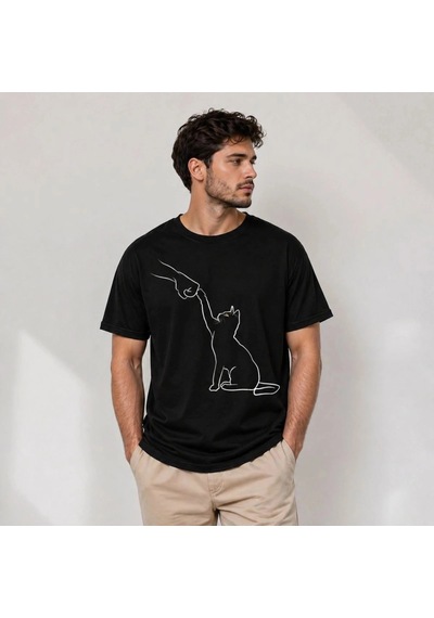 Freedom Storee Erkek Minimal Kedi Çizim Baskılı Tişört Kısa Kol Yazlık T-shirt - Siyah Çok Renkli