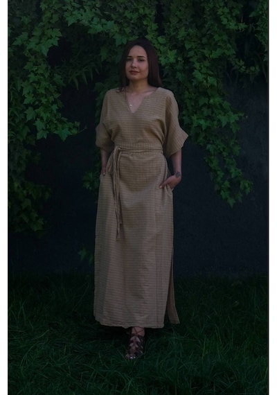 Dokuma Kaftan Elbise - Rahatlığın Şıklığı Ücretsiz Kargo İle Kahve