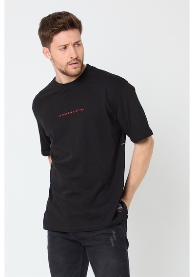 Comeor Erkek Siyah Baskılı Basic Oversize Bisiklet Yaka T Shirt Siyah