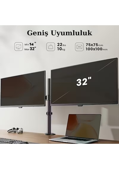 14-32 İnç Düz Kavisli Ekranlar İçin Çift Kol Monitör Standı Ayarlanabilir Yükseklik Eğim Lcd Led Tv