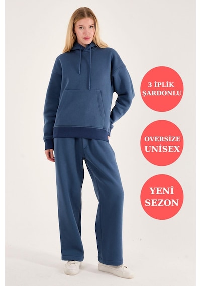 Rocqerx Q-1001 Q-4008 Kapüşonlu Sweat Bel Lastikli Pantolon Üç İplik Şardonlu Takım İndigo