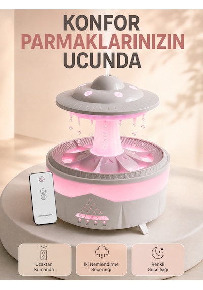 350 Ml Ufo Tasarımlı Ultrasonik Hava Nemlendirici Yağmur Efektli Gece Lambası Sarı