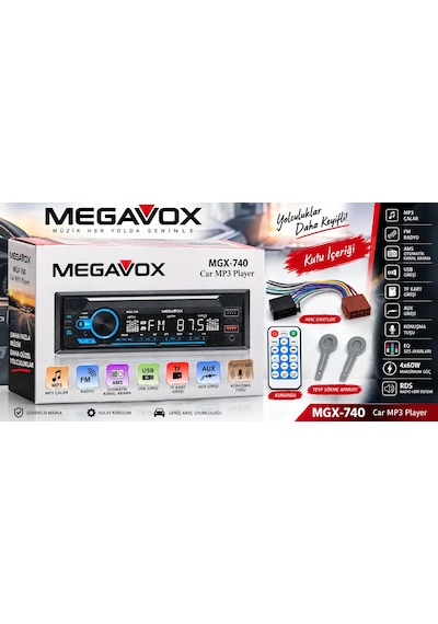 Megavox Teyp Megavox Mgx-740 Teyp - Çift Amfi Çıkışlı , 4x60w , Bluetoothlu , 7 Renk Oto Teyp