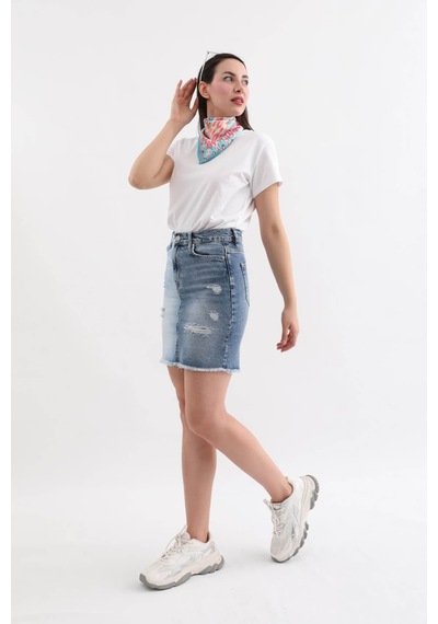Kadın Mavi Renk Bloklu Yırtık Jean Etek 001