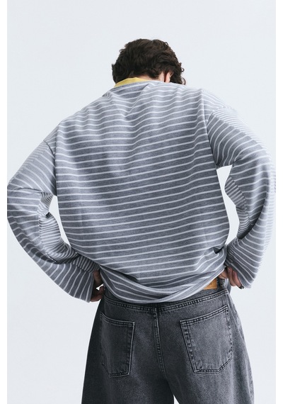 Vamos Kontrast Yaka Çizgili Sweatshirt Ekru-gri