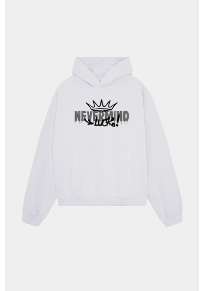 Unisex Beyaz Kapüşonlu Sweatshirt - Luck Baskılı Oversize Hoodie Beyaz