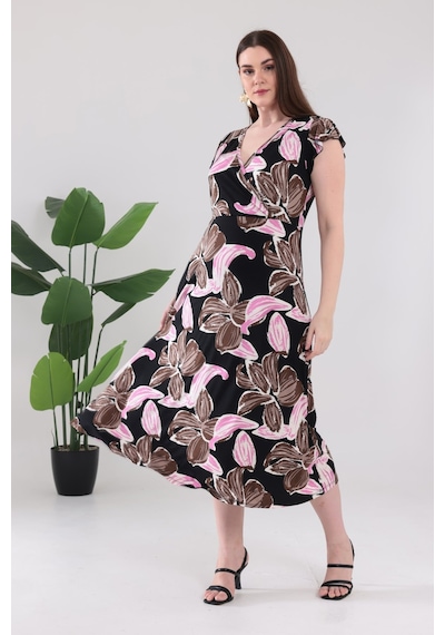 Madwilo Kadın Pembe Floral Desen Fırfır Kol Kruvaze Yaka Büyük Beden Esnek Maxi Elbise