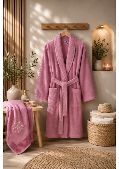 Havlulu Bornoz 2'li Set Bornoz + 50 X 85 Cm Baş Havlusu, Pamuklu, Cepli, Spa Ve Otel Konforu Mürdüm