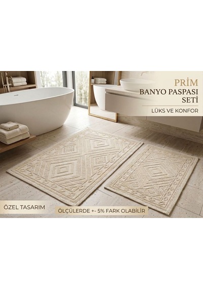 İkili Banyo Paspası Pamuklu Kaymaz Taban Dikdörtgen Banyo Paspası Kilim Klozet Takımı Krem