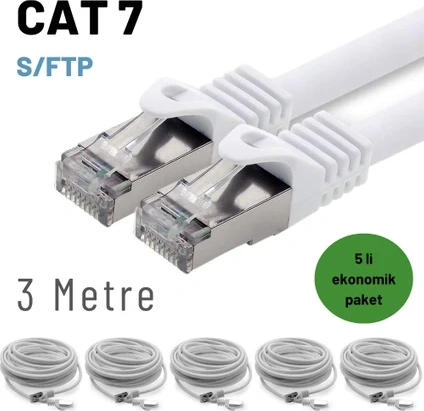 5 Adet 3 Metre Beyaz Cat7 Kablo S/ftp Ethernet Network Lan Ağ Kablosu