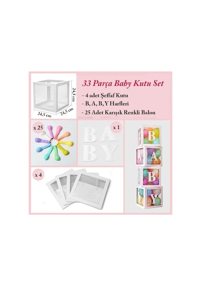 33 Parça Baby Yazılı Şeffaf Beyaz Kutu ve Balon Seti