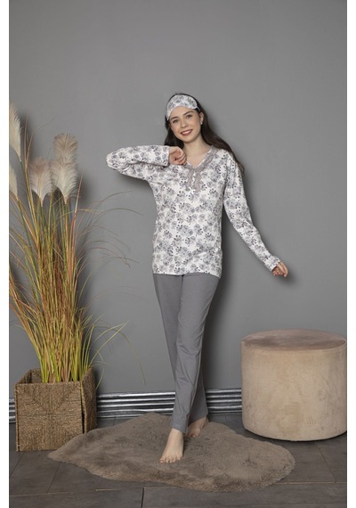Tekten 0200 Çiçek Desenli Uzun Kollu Kadın Pijama Takımı Gri