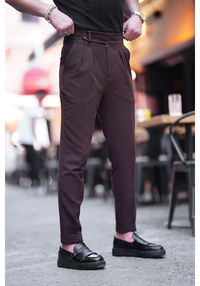 Modefendi Özel Üretim %100 Gofre Kumaş Modern Fit Kumaş Pantolon Kahverengi